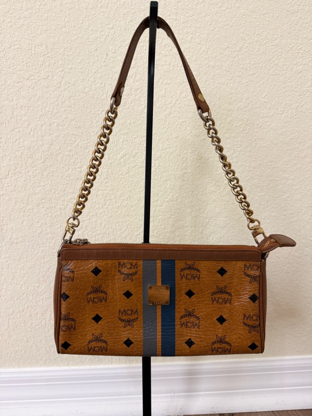 MCM Cognac Visetos Bag with Blue Stripes